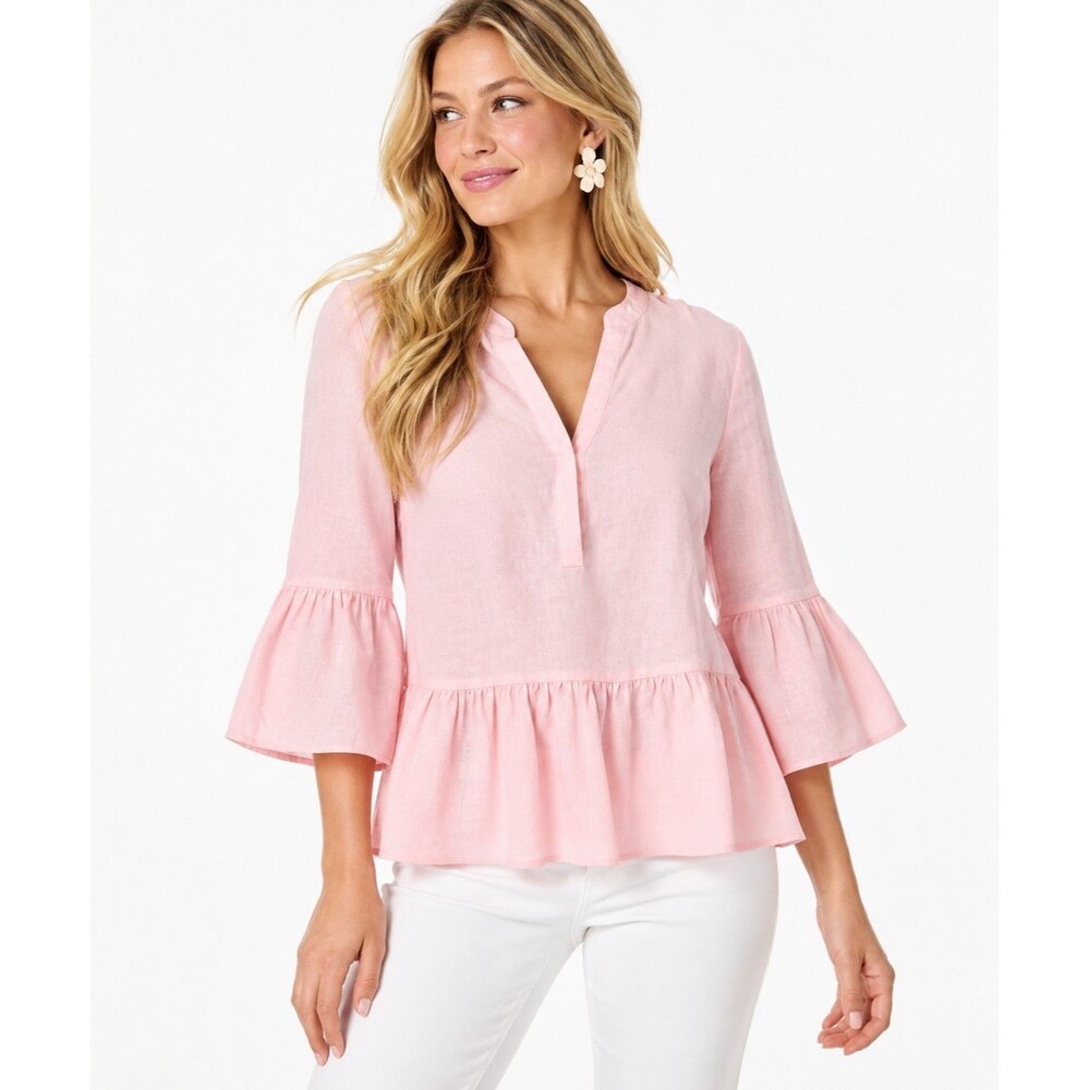 Lilly Pulitzer Bekah Top Women’s XS Pink Linen 3/4 Bell Sleeve Ruffle Peplum